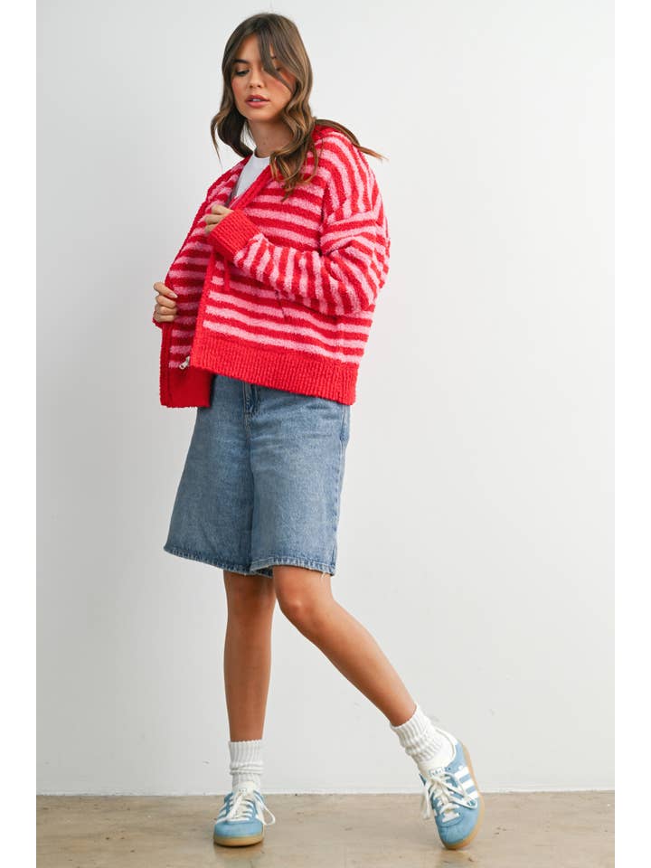 BUTTERMELON - Wholesale Knit Sweater - Women's - Striped Zip-Up Hooded Cardigan - BMC809725