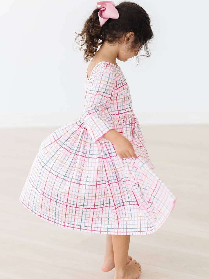 Mila & Rose - Wholesale Dress - Kids - Pink Plaid 3/4 Sleeve Pocket Twirl Dress4