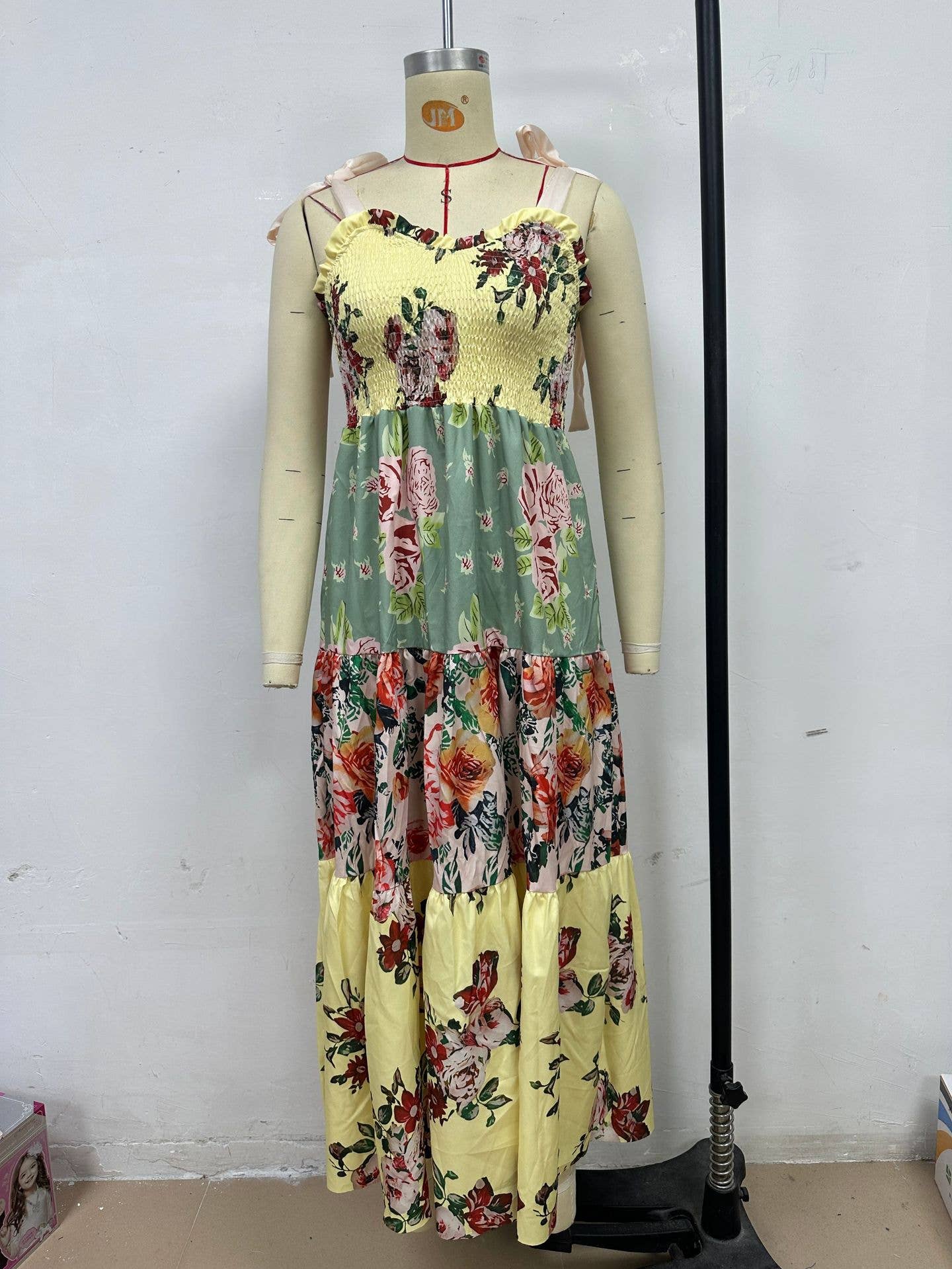 Rosa Clothing - Wholesale Dress - Women's - Gingham Floral patchwork playful bow strap tiered maxi dress4