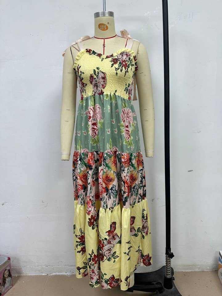 Rosa Clothing - Wholesale Dress - Women's - Gingham Floral patchwork playful bow strap tiered maxi dress4