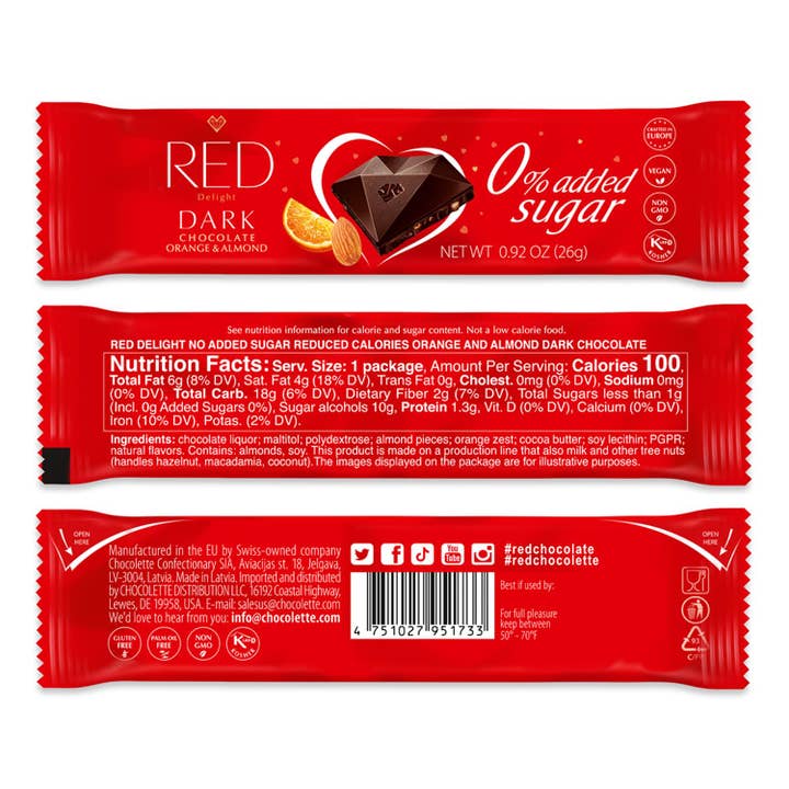 RED Chocolate - Wholesale Chocolate Bar - RED Delight®™ Orange and Almond Dark Chocolate 0.92oz Bars1