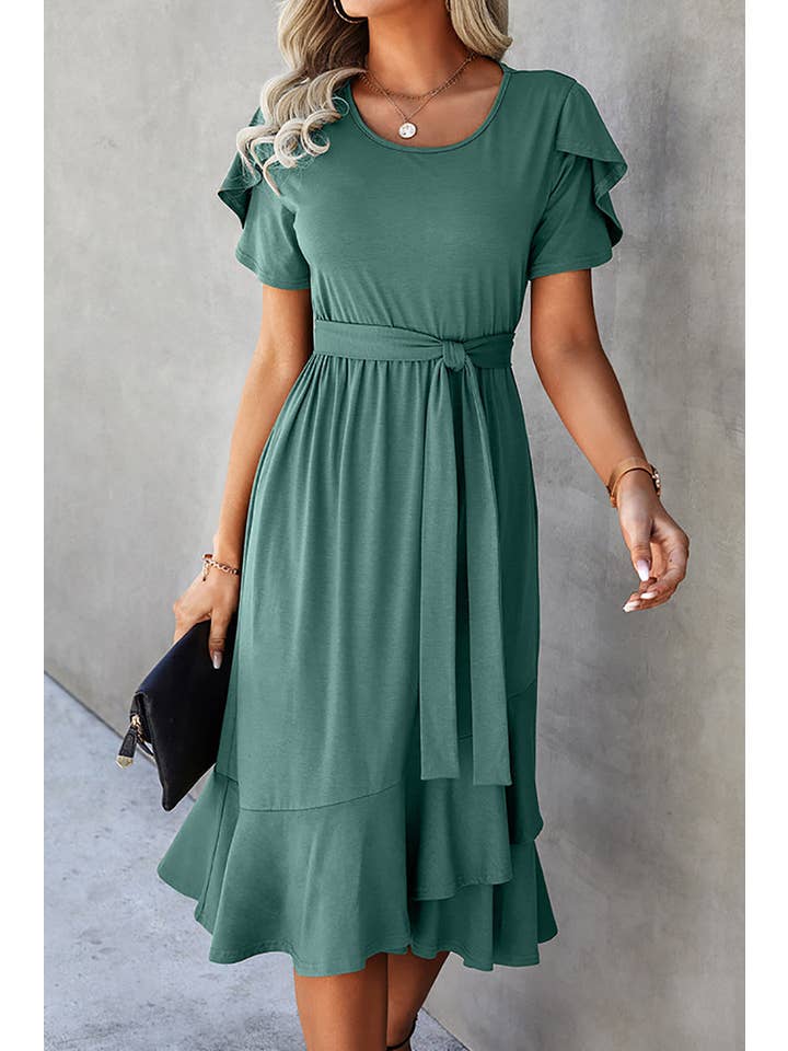 Supreme Fashion - Wholesale Dress - Women's - Petal Sleeve Ruffle Trim Belted Midi Dress4