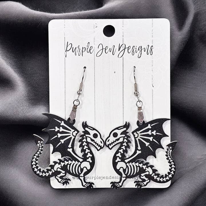 Unique Dragon Earrings - engraved acrylic fantasy earring for wholesale by Jennifer Hughey
