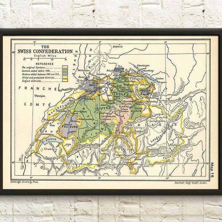 Vintage Swiss Confederation Map Travel Poster for wholesale by Vintage Wall Graphics