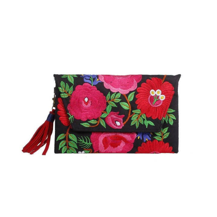 Lumily - Vente Pochette – femme - Pochette à pompons en cuir brodé Fiesta Hmong