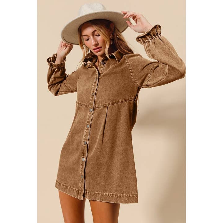 Washed Color Denim Button Down Shirt Mini Dress for wholesale by IVE