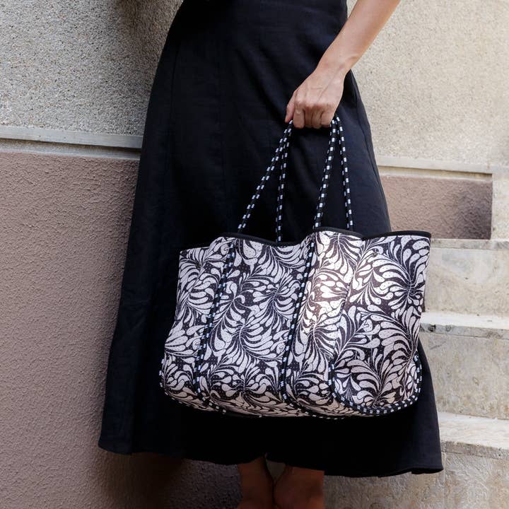 LARGE NEOPRENE TOTE BAG PALM PRINT BLACK for wholesale by Pop Ups Brand