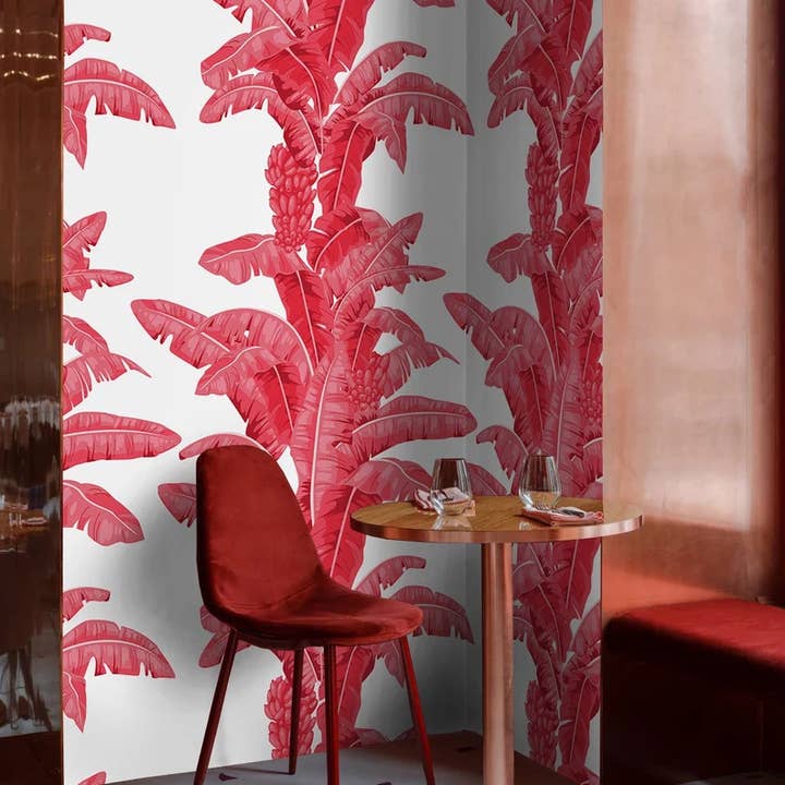 Tropical Palm Leaf Wallpaper in Red and White, Accent Wall for wholesale by Wallpapers4Beginners