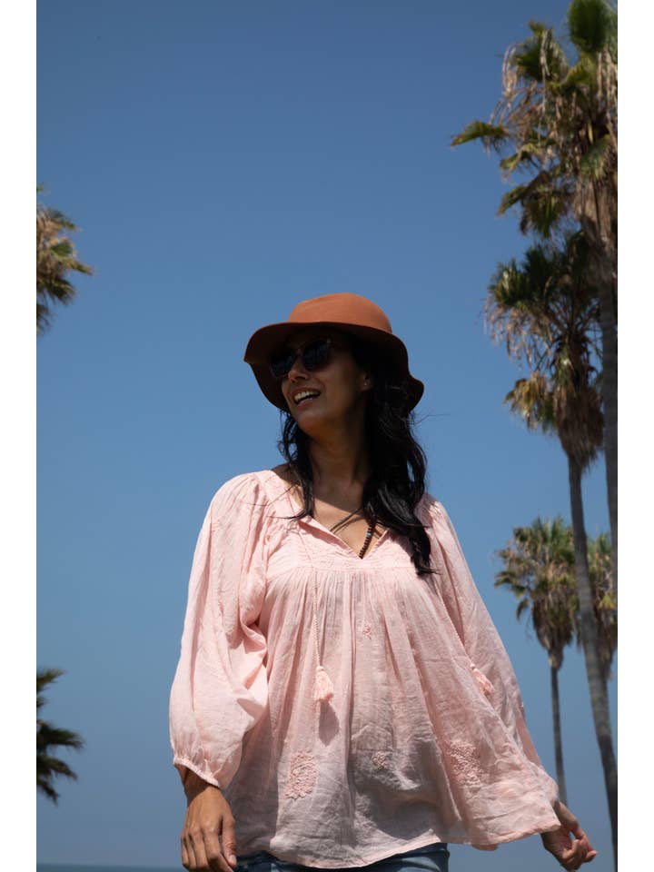 Blue Boheme β wholesale Blouse β Womenβs β Mylene Embroidered Tunic Long Sleeves Peach4