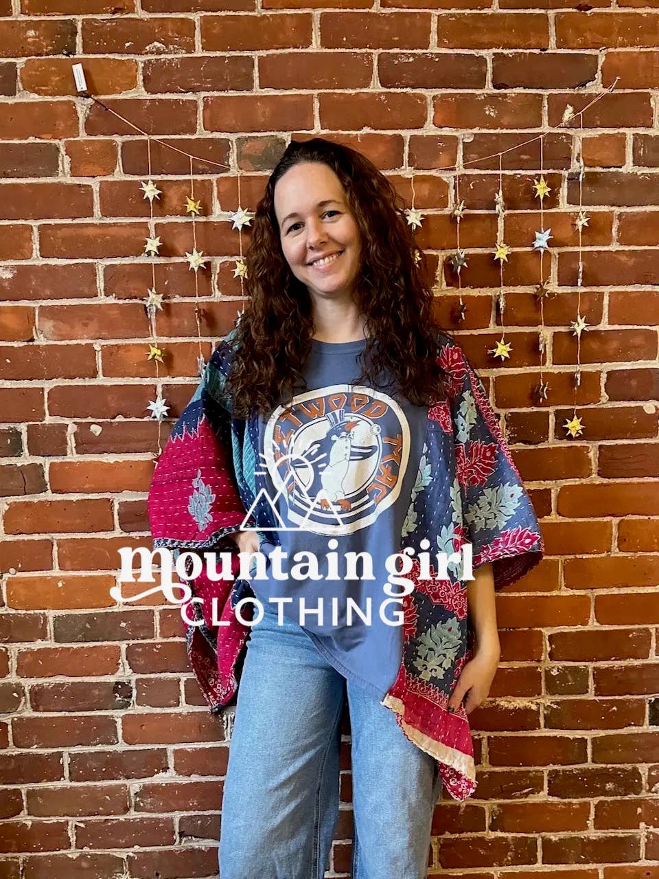 Mountain Girl Clothing - Wholesale Poncho - Women's - Upcycled Kantha Poncho Mix Of Band + Boho Graphic Tees2