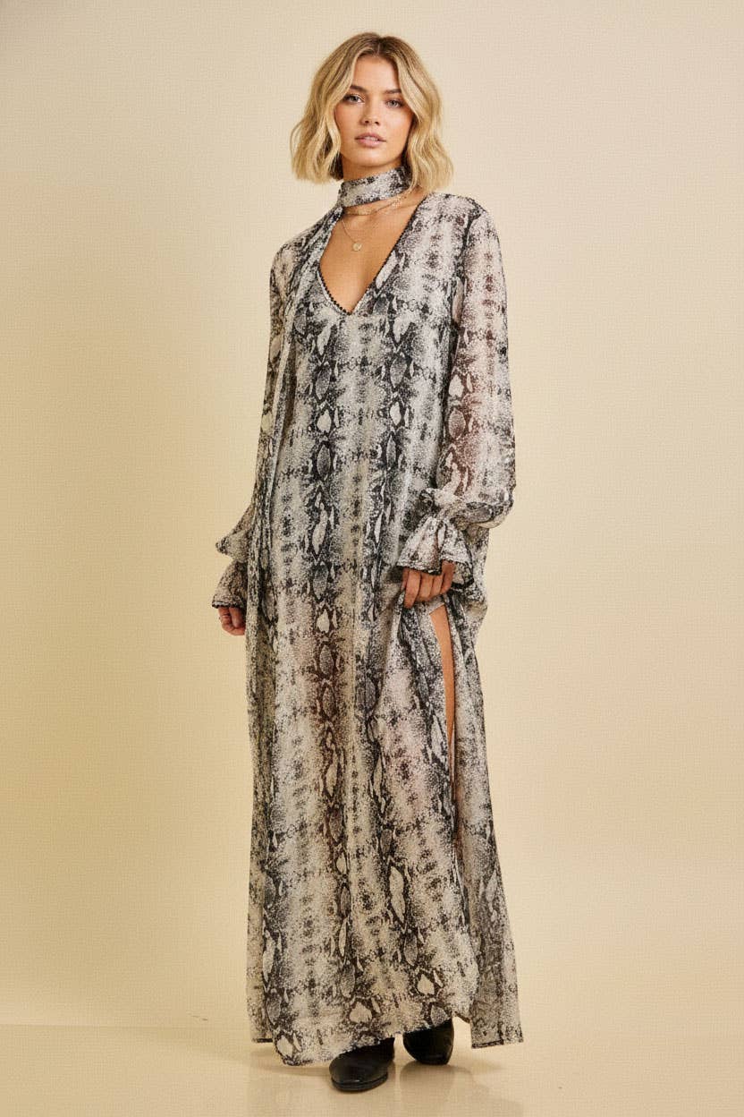 COMBO GRIS Robe longue imprimée serpent de printemps avec écharpe en vente sur Faire4