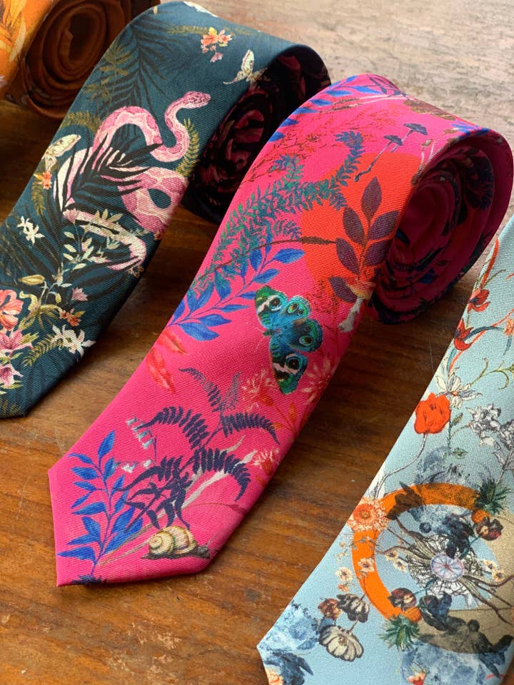 Fuchsia Pink Silk Tie with butterfly and floral print for wholesale by Alice Acreman Silks