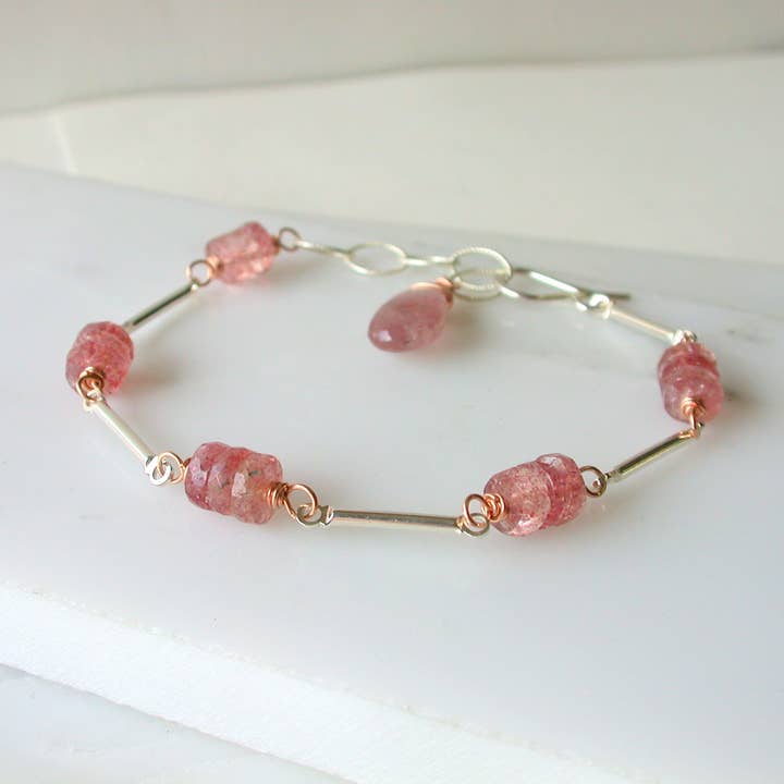 Linda Trent Jewelry - Wholesale Link & Chain Bracelet - Strawberry Quartz Bar & Link Bracelet. Mixed Metal Bracelet
