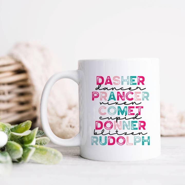 Heart & Willow Prints - Vente Tasse à café - Tasse de Noël avec noms de rennes, tasse de Noël, cadeau de vacances