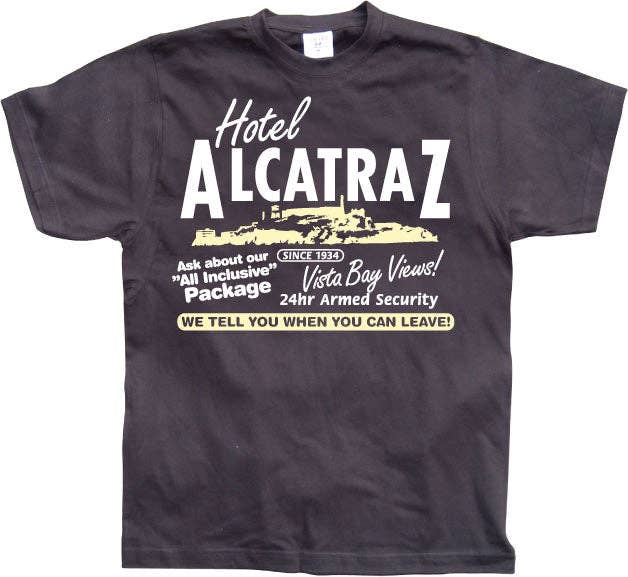 Hybris Production AB – T-shirt estampada - Unissexo por atacado – Camiseta Hotel Alcatraz0