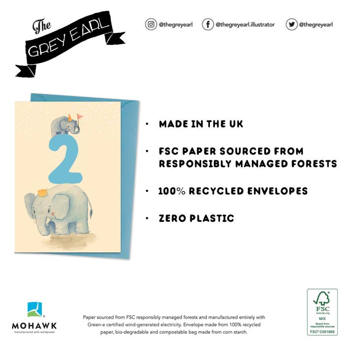 The Grey Earl - Wholesale Birthday Card - 2 Years Old - Elephant - Cute Children's Birthday Card2