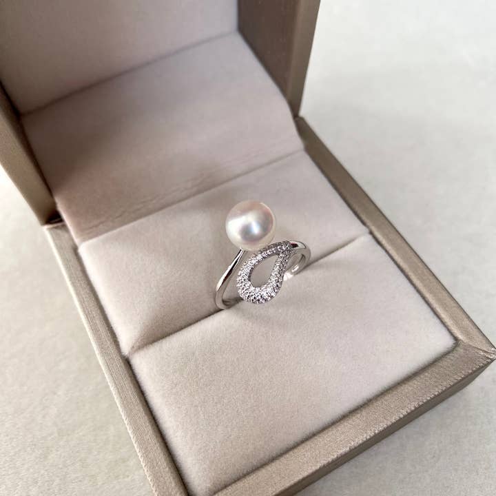 b29 - Wholesale Single stone/solitaire ring - 6A 8mm Japanese Crystal-White Akoya Pearl Ring Pink Overtone3