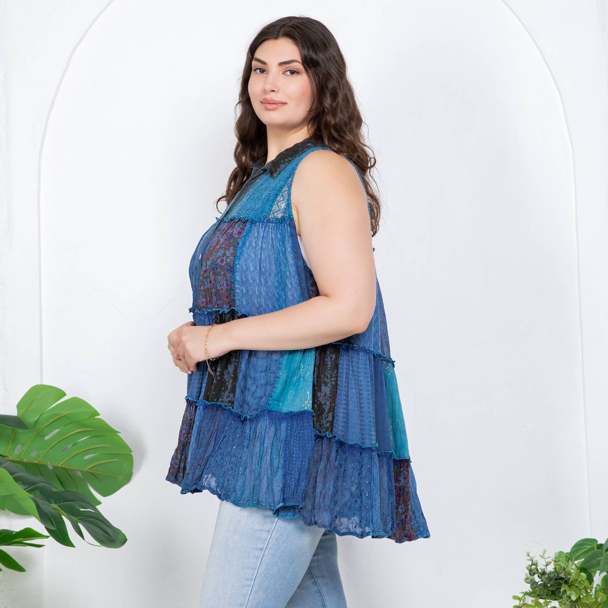 Young Threads - Wholesale Button Down Shirt - Women's - Boho Chic Nomad Patchwork Buttondown Top Sleevel (New Color)35