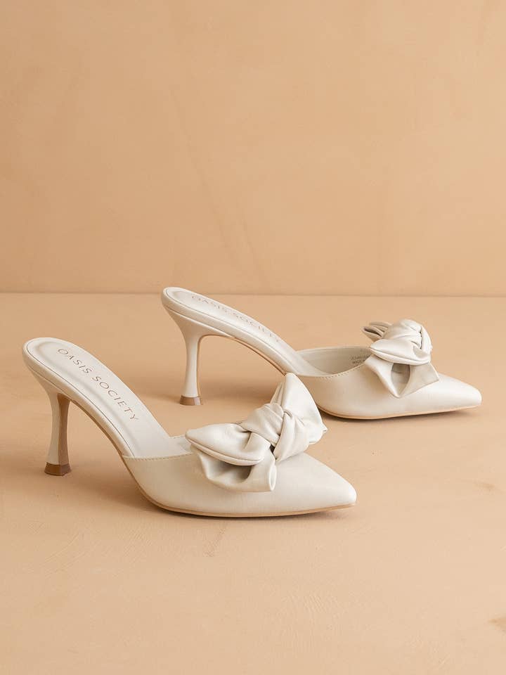 The Jane | White Pointed Toe Bow Accent Kitten Heel for wholesale on Faire
