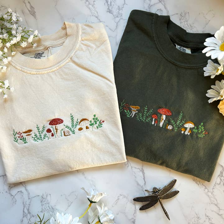 Embroidered Mushroom Outdoorsy Plant Tshirt for wholesale by Plantiful Design Co