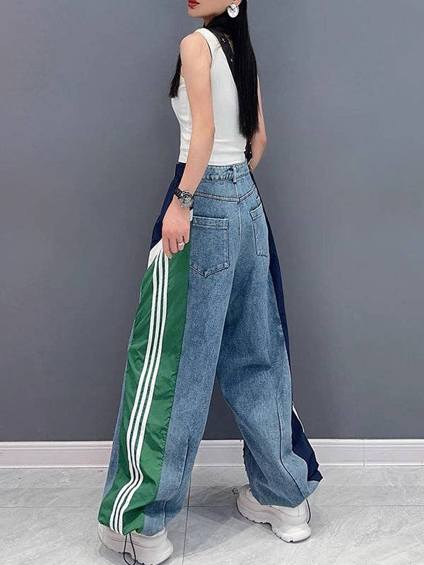 VividLux - Wholesale Jeans - Women's - Loose Wide Leg Contrast Color Drawstring Elasticity Fringed Split-Joint Jean Pants Bottoms10