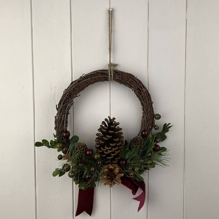 Satchville - Wholesale Wreath - Rattan Pinecone And Berry Wreath With Bow