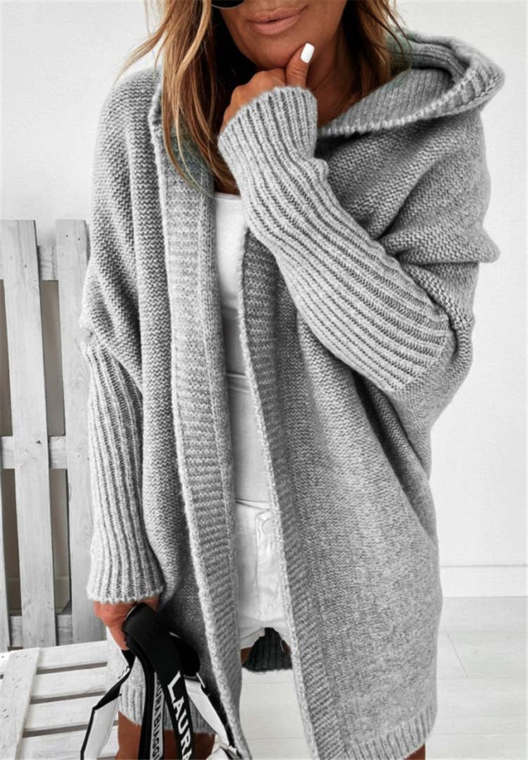 Rosa Clothing - Wholesale Cardigan - Women's - Plain exposed seam Hooded knit long cardigan coat35