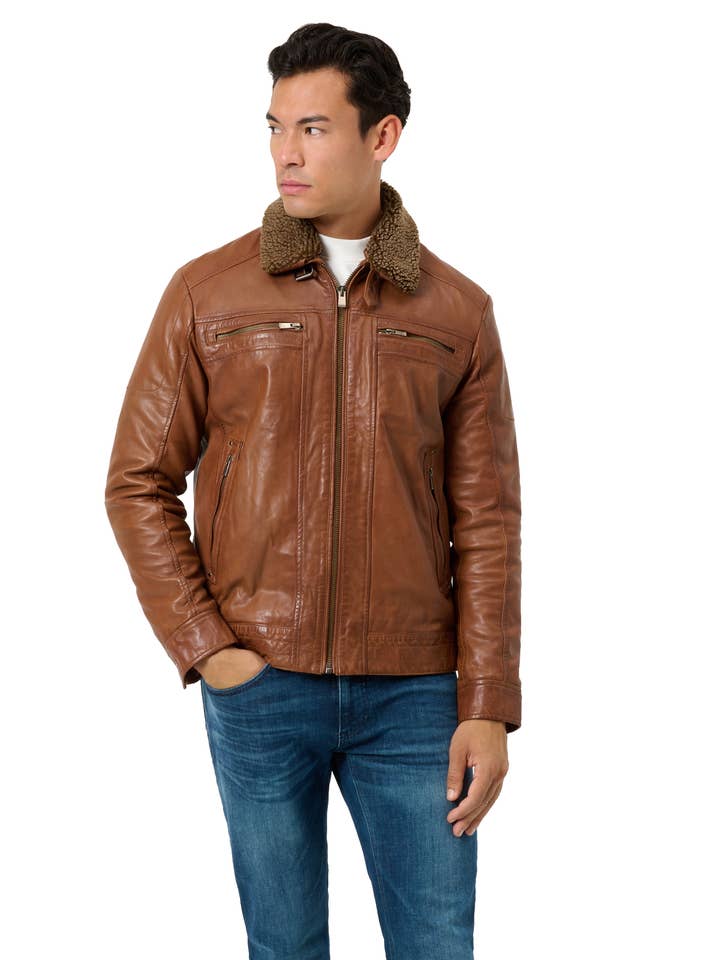 Veste en cuir homme Dino avec col en fausse fourrure - Cuir agneau nappa pour la vente par Ricano