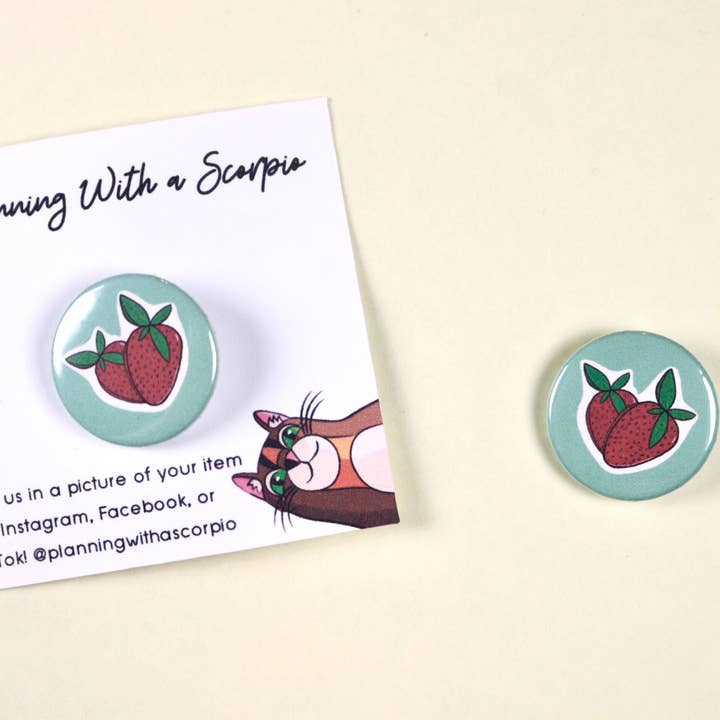 1 Inch Minimal Strawberry Pin Badge for wholesale by Rye & Co.