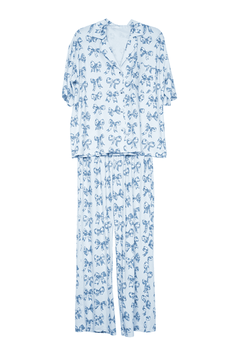 Light Blue Toile Coquette Bows Lounge Pants Set for wholesale on Faire0