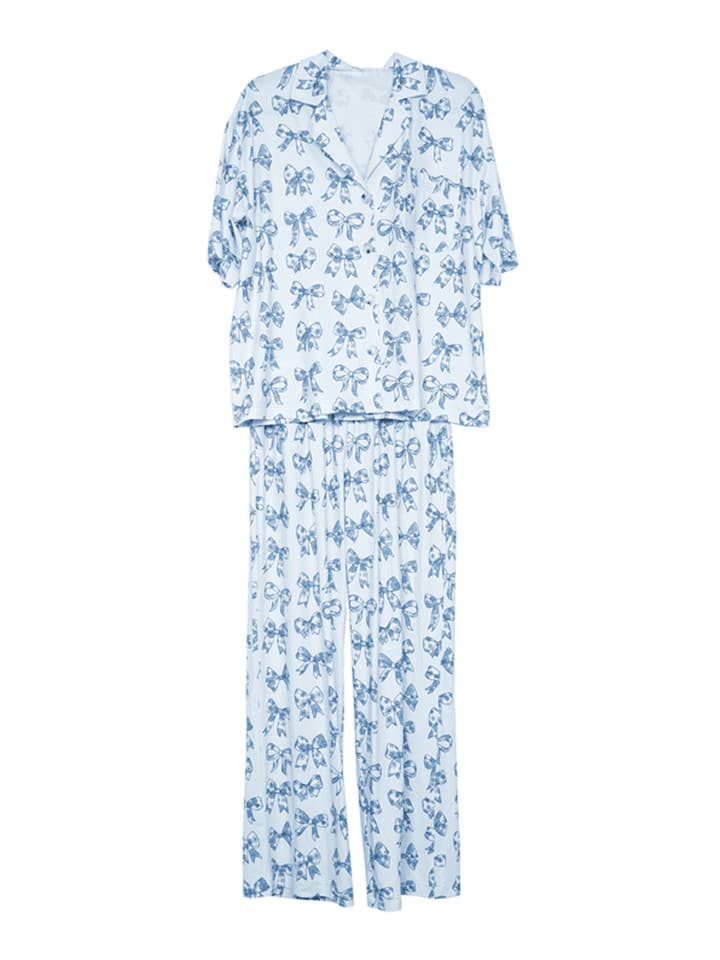 Light Blue Toile Coquette Bows Lounge Pants Set for wholesale on Faire
