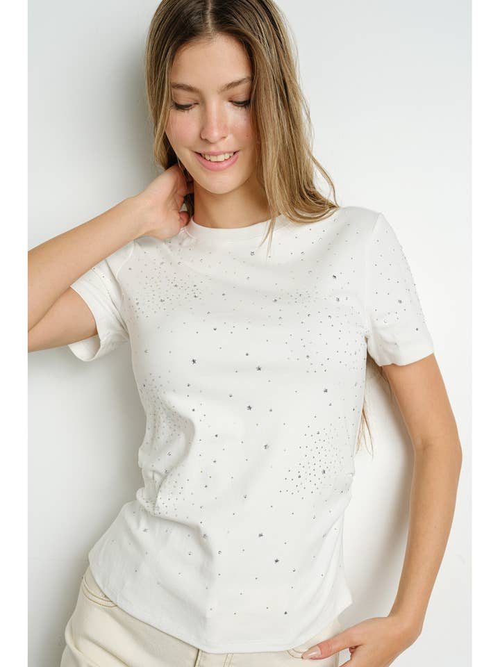 Haut à manches courtes en ciel pastel étoilé avec strass IT3291 pour la vente par KIWI