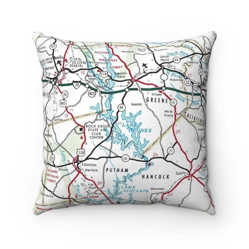 Daisy Mae Designs - Wholesale Throw/Decorative Pillow - Lake Oconee Georgia Map Pillow – 18" Square Throw Pillow