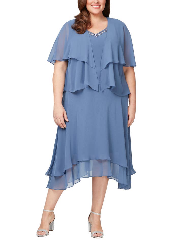 WEDGEWOOD SL Fashion embellished V-neck sleeveless tiered sharkbite hem solid chiffon dress with overlay jacket for wholesale on Faire