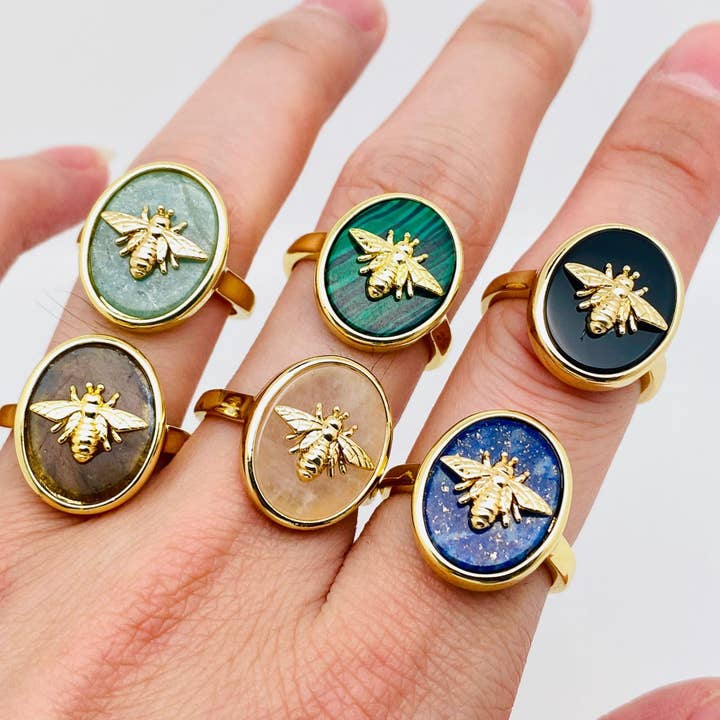 Mio Queena - Wholesale Cocktail/Statement Ring - Natural Stone Golden Bee Opening Adjustable Ring - CS