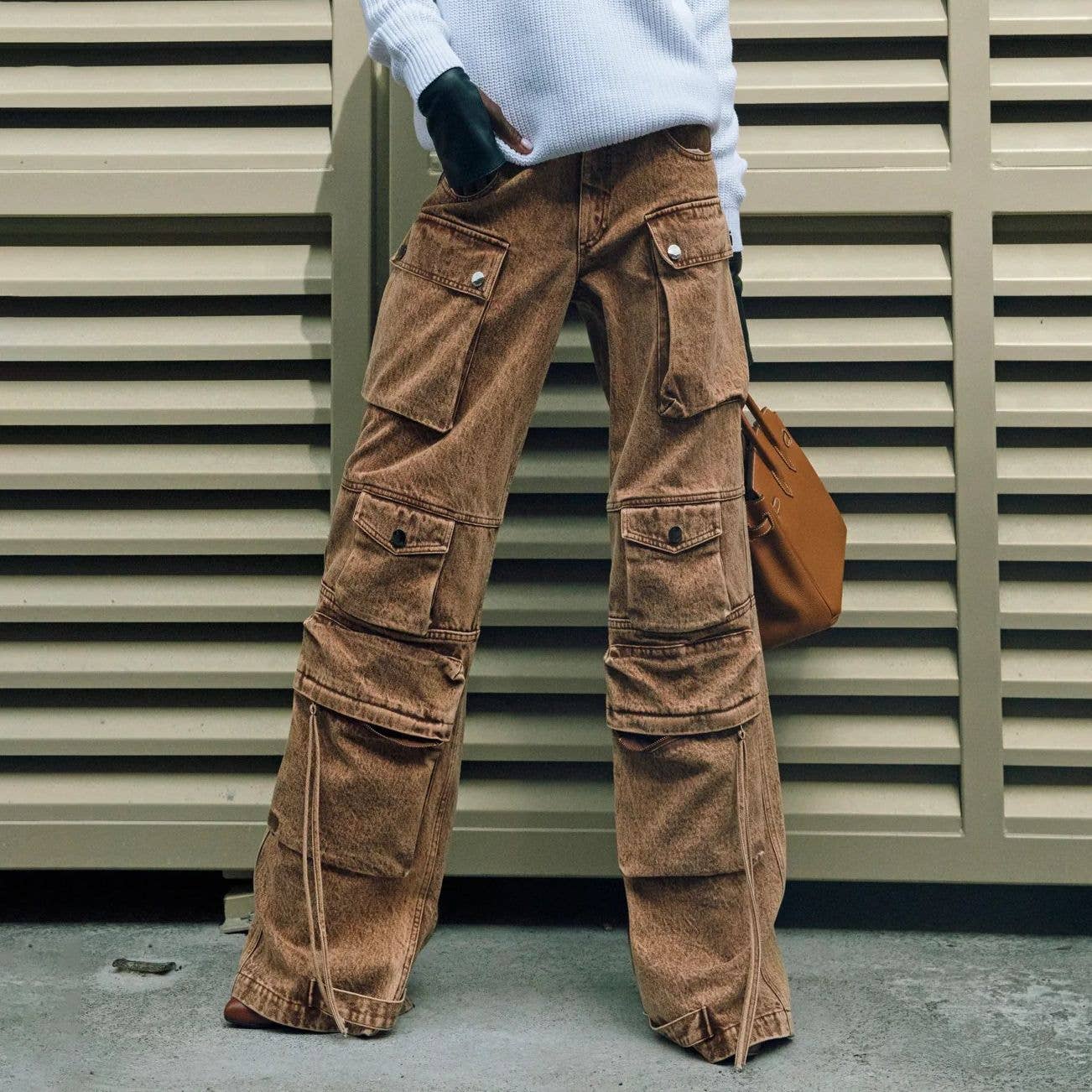 Brown Pocket patchwork jeans straight high waist vintage zipper for wholesale on Faire