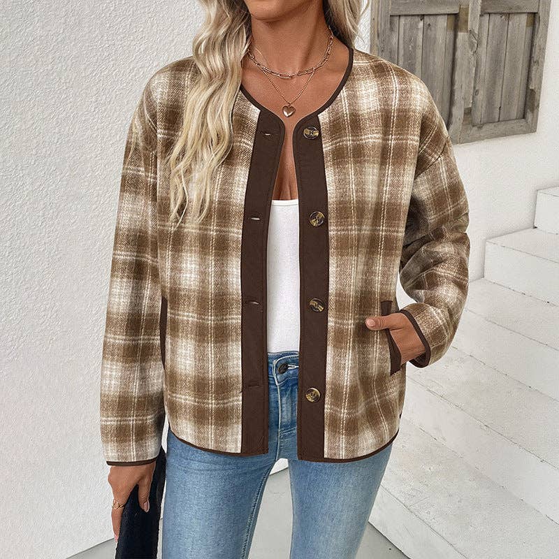 Khaki autumn and winter plush all-match top plaid coat retro for wholesale on Faire2