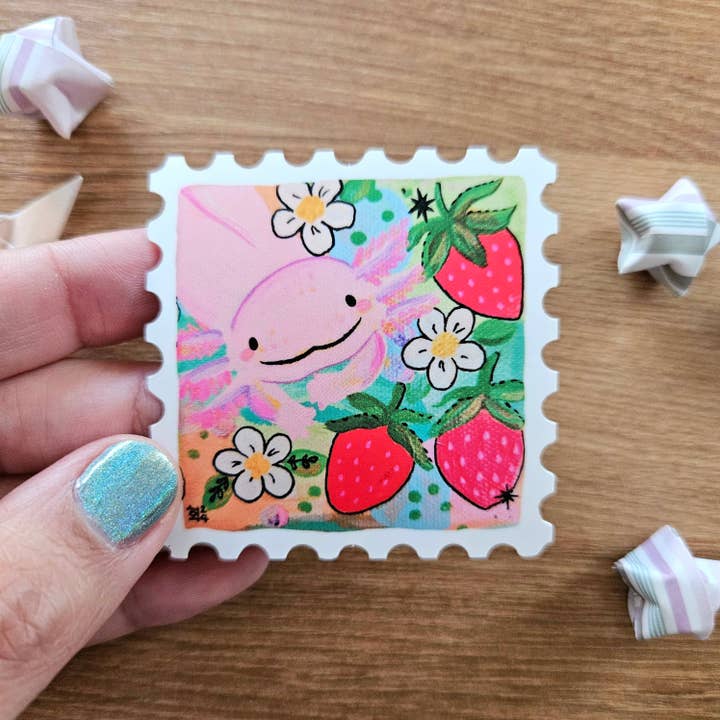 Strawberry Axolotl Stamp Watercolor Vinyl Sticker for wholesale by Jem and Cozy
