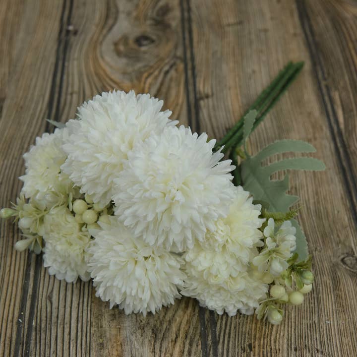 Wholesale Home Decor - Wholesale Artificial Flowers - White Chrysanthemum Ball Pick 12in
