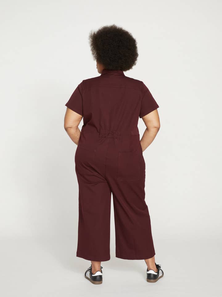 Kate Stretch Cotton Twill Jumpsuit - Black Cherry for wholesale on Faire