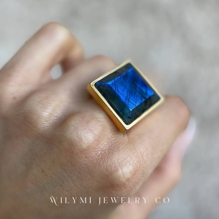 WILYMI Jewelry Co - Wholesale Cocktail/Statement Ring - PRESENCE Labradorite 20mm Square Cut | 24k GF | Adjustable9