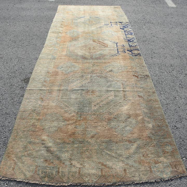 Handmade Vintage Rug, Brown & Blue Geometric 4.2x12.5 Ft for wholesale by Vintage Rugs Loom