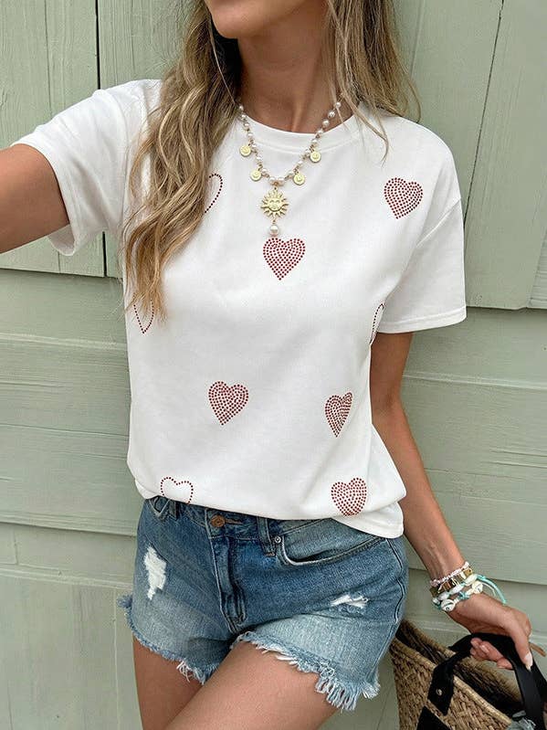 T-shirt d'été ample et décontracté à motif cœur en strass pour la vente par Lovesoft