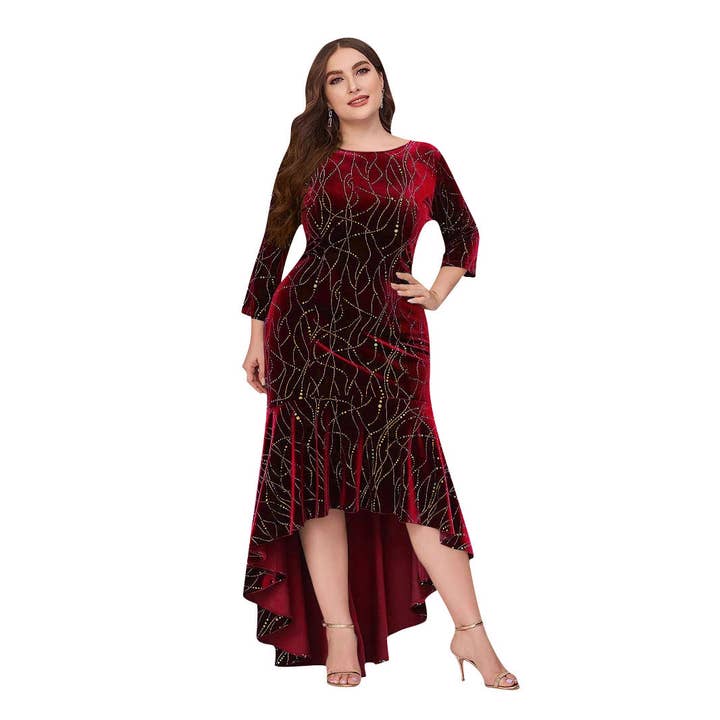 Masyal - Wholesale Dress - Women's - Plus Size Women's Velvet Mermaid Formal Dress with Sleeves9