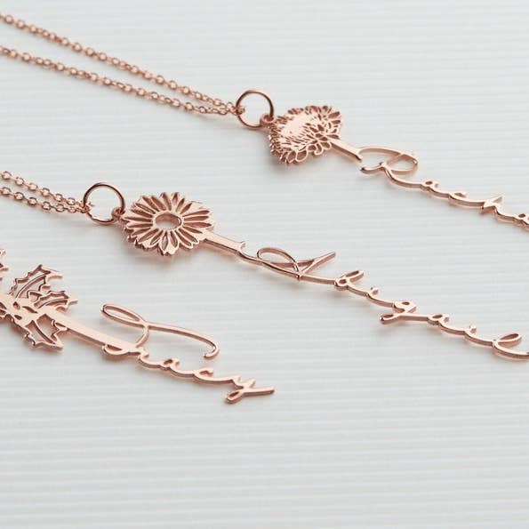 JoyPersonalized - Vente Colliers à pendentif - Collier prénom vertical avec fleur de naissance délicate7
