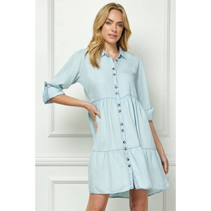 Tencel Collared Button Down Tiered Dress for wholesale by Veveret