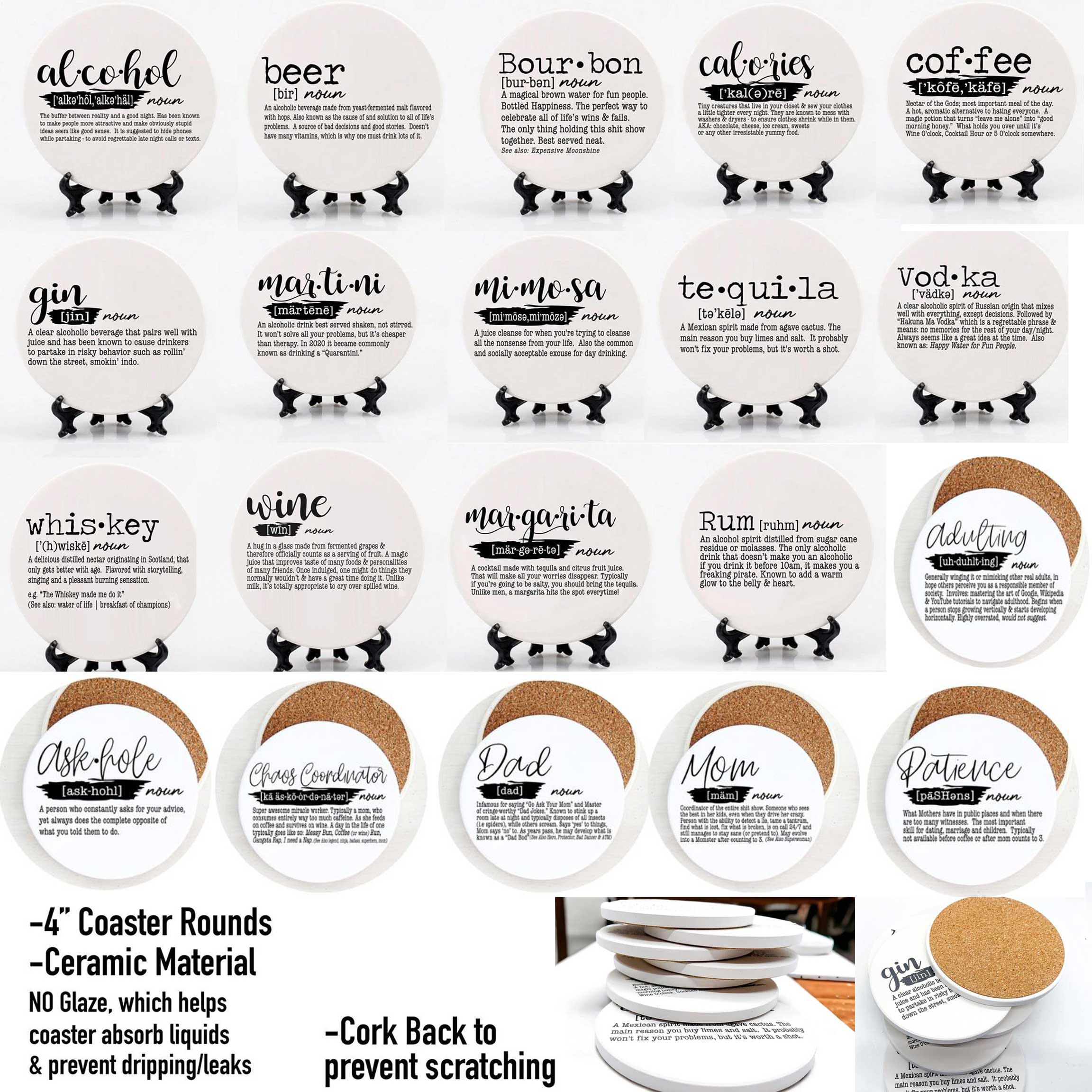 Gia Roma – Großhandel Untersetzer – Lustige Achterbahn-Geschenksets, Definitionen aus dem Humor-Getränkewörterbuch2