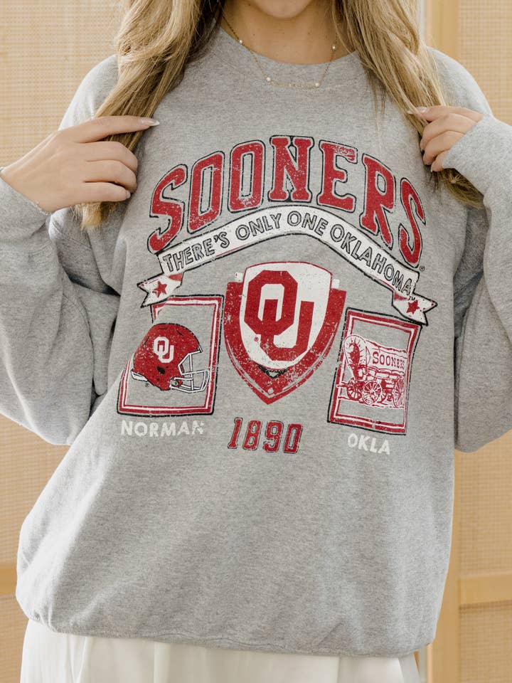 OU Oklahoma Sooners Prep Patch Gray Thrifted Sweatshirt for wholesale by LivyLu