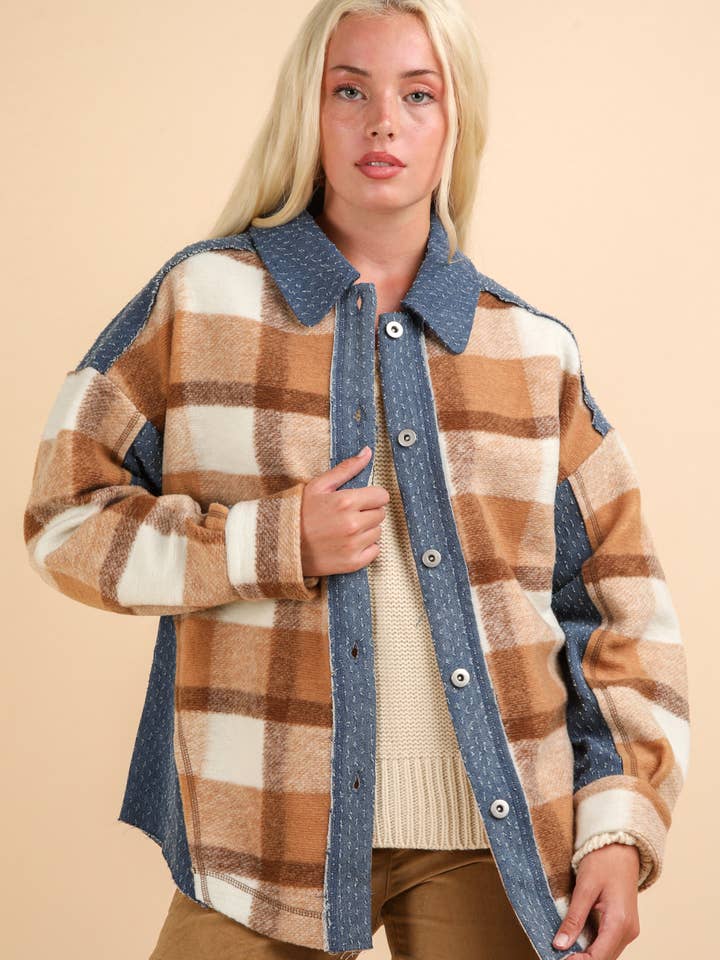 Veste en jean à carreaux contrastants NJ90305X-GRANDE TAILLE pour la vente par VERY J