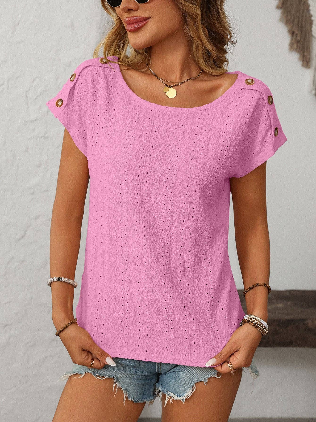 Lovesoft - Wholesale Blouse - Women's - Solid Crewneck Button Short-sleeved Cut-out Top4